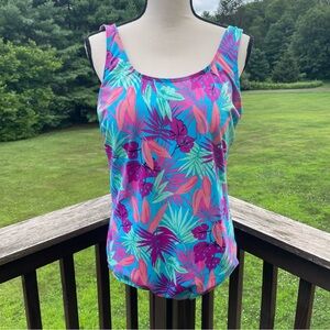 Lands End swimsuit one piece tank modest basic tropical floral blue pink plus 18